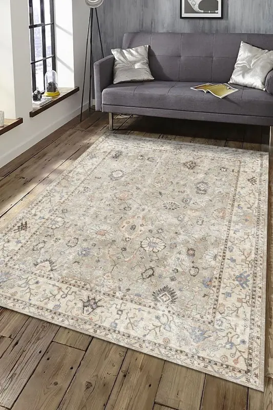 Monty Elite Vintage Patterned Cotton-Based Washable Non-Slip Antibacterial Chenille Living Room Rug - 1