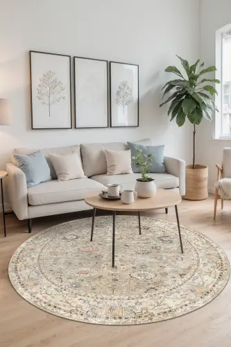 Monty Elite Vintage Patterned Cotton Based Washable Non-Slip Antibacterial Chenille Living Room Rug-Round - AIDA HOME (1)