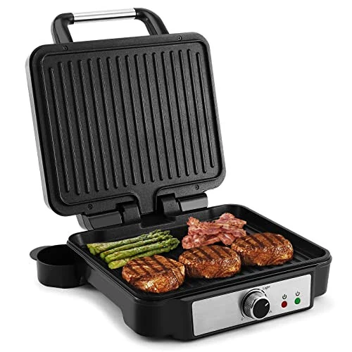 MONXOOK Panini Press Sandwich Maker, 4 Slices Panini Grill Non-Stick Coated Plates, Panini Makers with Temperature Control, Opens 180 Degrees, Removable Drip Tray, 1400W, Stainless Steel - MONXOOK
