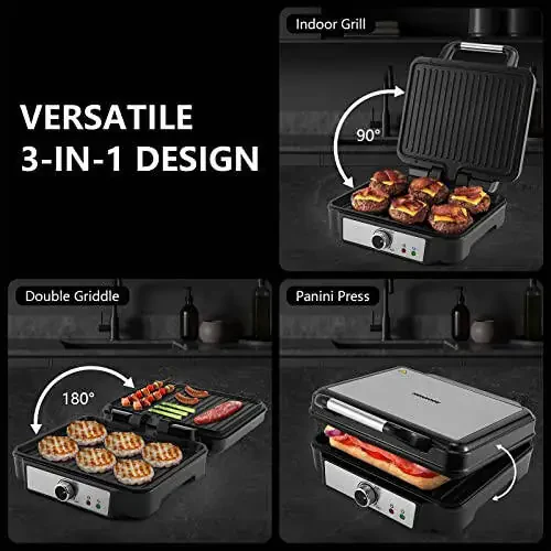 MONXOOK Panini Press Sandwich Maker, 4 Slices Panini Grill Non-Stick Coated Plates, Panini Makers with Temperature Control, Opens 180 Degrees, Removable Drip Tray, 1400W, Stainless Steel - 3