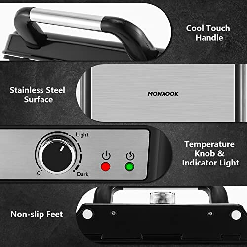 MONXOOK Panini Press Sandwich Maker, 4 Slices Panini Grill Non-Stick Coated Plates, Panini Makers with Temperature Control, Opens 180 Degrees, Removable Drip Tray, 1400W, Stainless Steel - 5