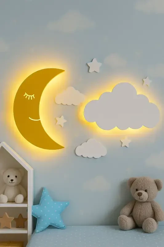 Moon and Cloud Night Light Baby Kids Room Wall Decoration Lighting Wooden Night Lamp - 1