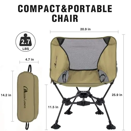 MOON LENCE Portable Camping Chair，Lightweight Backpacking Hiking Chairs,Compact,Foldable,with Anti-Sinking Large Feet for Beach,330 lbs Capacity (Khaki, Standard) - 3