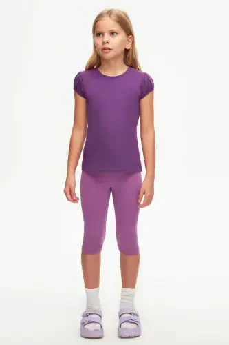 Mor Basic Kız Çocuk Sıfır Yaka Karpuz Kol Tişört-ROYAL PURPLE - 1