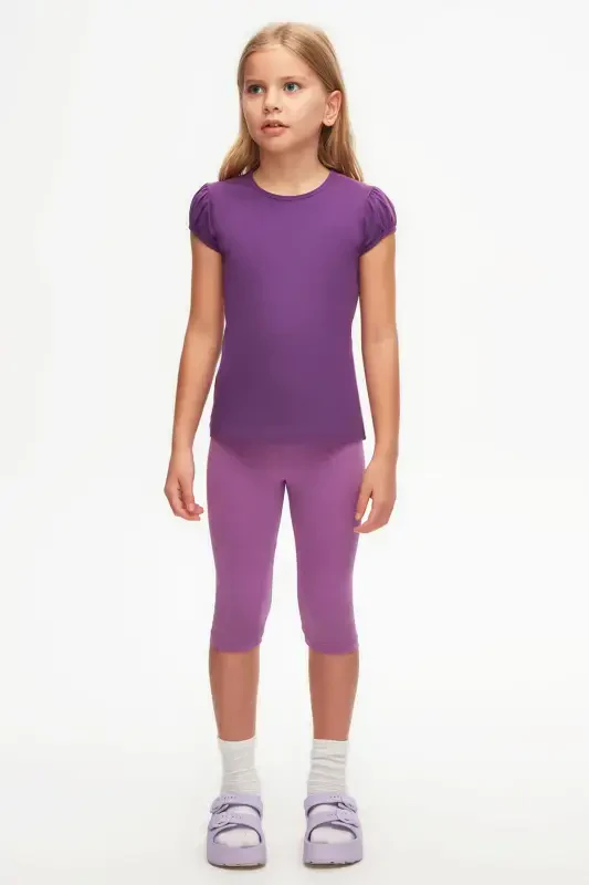 Mor Basic Kız Çocuk Sıfır Yaka Karpuz Kol Tişört-ROYAL PURPLE - LOVETTI