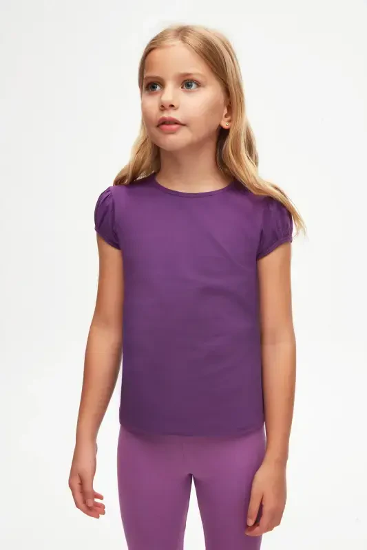 Mor Basic Kız Çocuk Sıfır Yaka Karpuz Kol Tişört-ROYAL PURPLE - 2