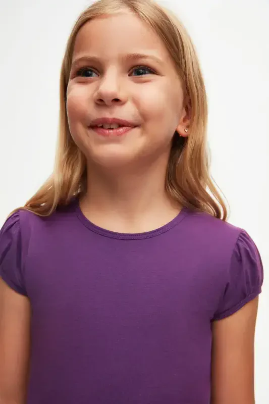 Mor Basic Kız Çocuk Sıfır Yaka Karpuz Kol Tişört-ROYAL PURPLE - 3