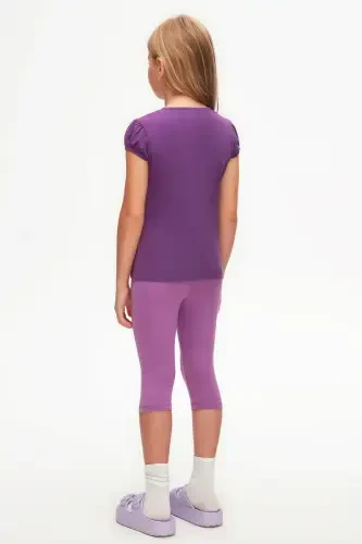 Mor Basic Kız Çocuk Sıfır Yaka Karpuz Kol Tişört-ROYAL PURPLE - 4