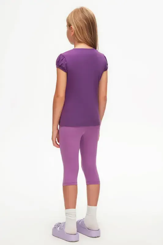 Mor Basic Kız Çocuk Sıfır Yaka Karpuz Kol Tişört-ROYAL PURPLE - 4
