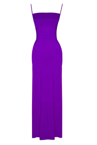 Mor Chuqur Kesikli Drape Uzun Kechki Libos - binafsha - 1