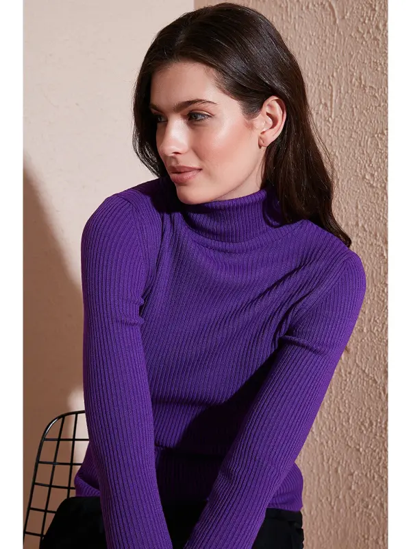 Mor Fitilli Regular Fit Balıkçı Yaka Soft Akrilik Kadın Kazak 4614102-Mor - LC WAIKIKI