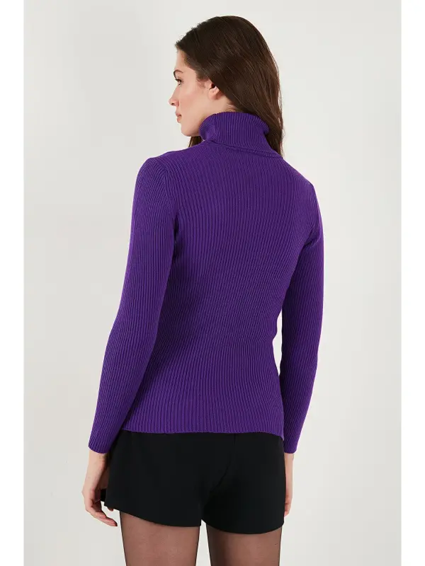 Mor Fitilli Regular Fit Balıkçı Yaka Soft Akrilik Kadın Kazak 4614102-Mor - 7