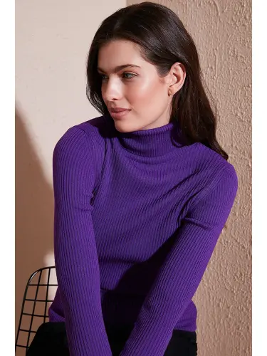 Mor Fitilli Regular Fit Balıkçı Yaka Soft Akrilik Kadın Kazak 4614102-Mor 