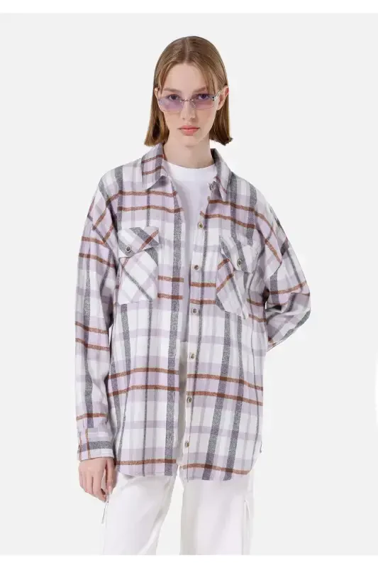 Relaxed Fit Shirt Neck Ekoseli Kadın Mor Uzun Kol Gömlek - 1