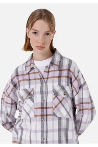 Relaxed Fit Shirt Neck Ekoseli Kadın Mor Uzun Kol Gömlek - 4