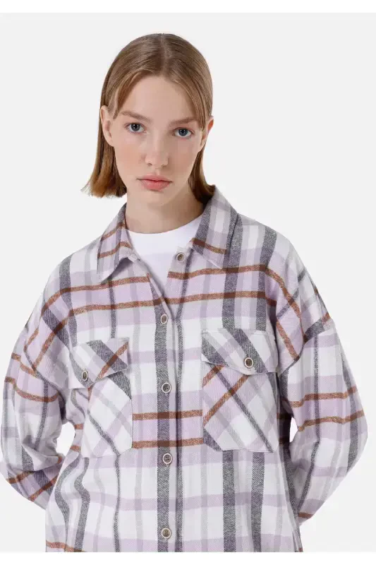 Relaxed Fit Shirt Neck Ekoseli Kadın Mor Uzun Kol Gömlek - 4