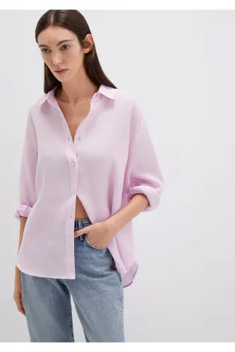 Mor Keten Gömlek Loose Fit / Bol Rahat Kesim 1210747-70507 - Mor-70507 