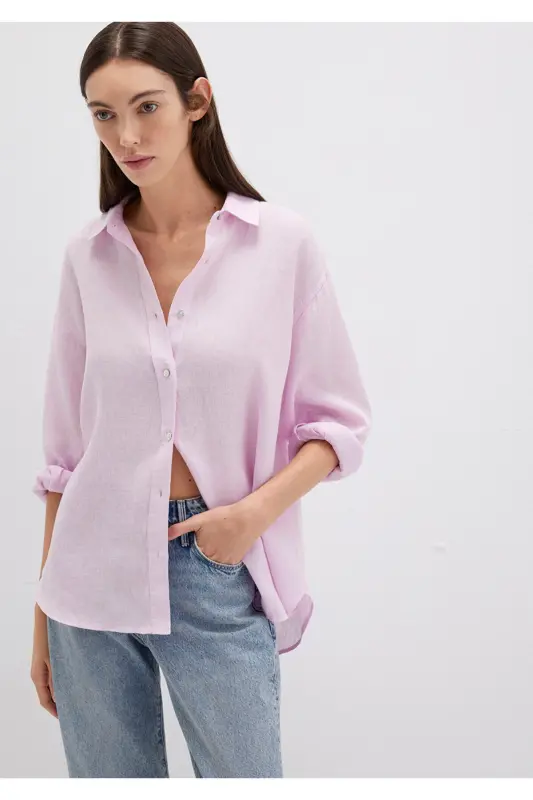 Mor Keten Gömlek Loose Fit / Bol Rahat Kesim 1210747-70507 - Mor-70507 - MAVI