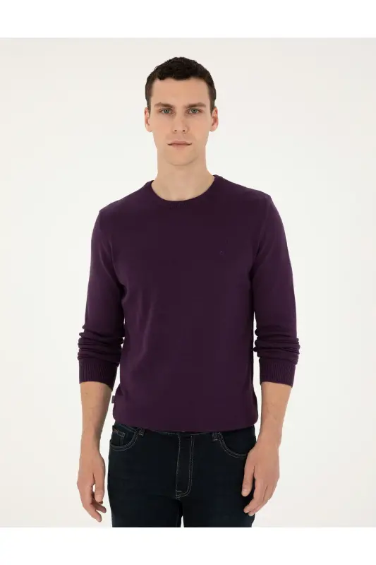 Mor Slim Fit Bisiklet Yaka Basic Triko Kazak 50296575-VR038-Mor - 3