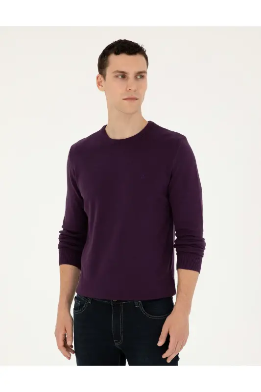 Mor Slim Fit Bisiklet Yaka Basic Triko Kazak 50296575-VR038-Mor - 1