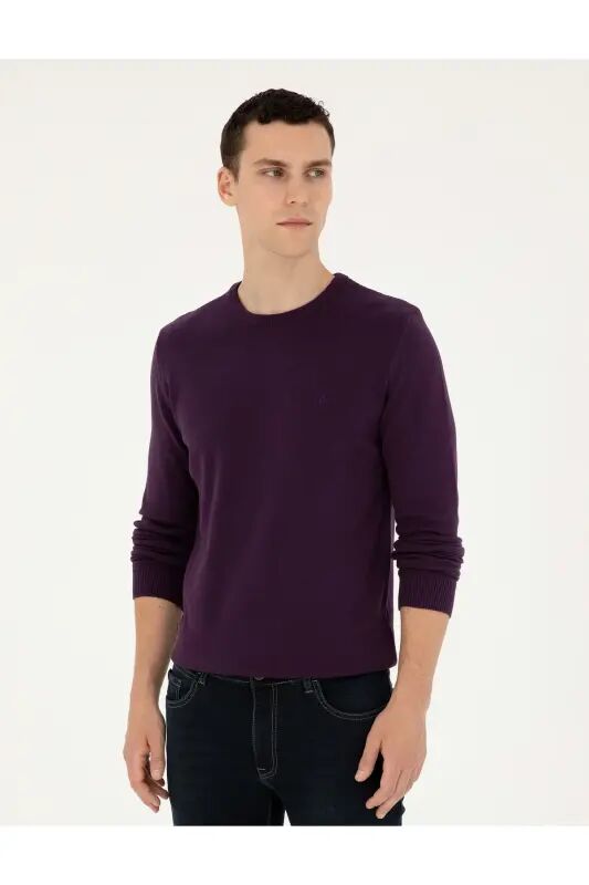 Mor Slim Fit Bisiklet Yaka Basic Triko Kazak 50296575-VR038 - Mor - PIERRE CARDIN