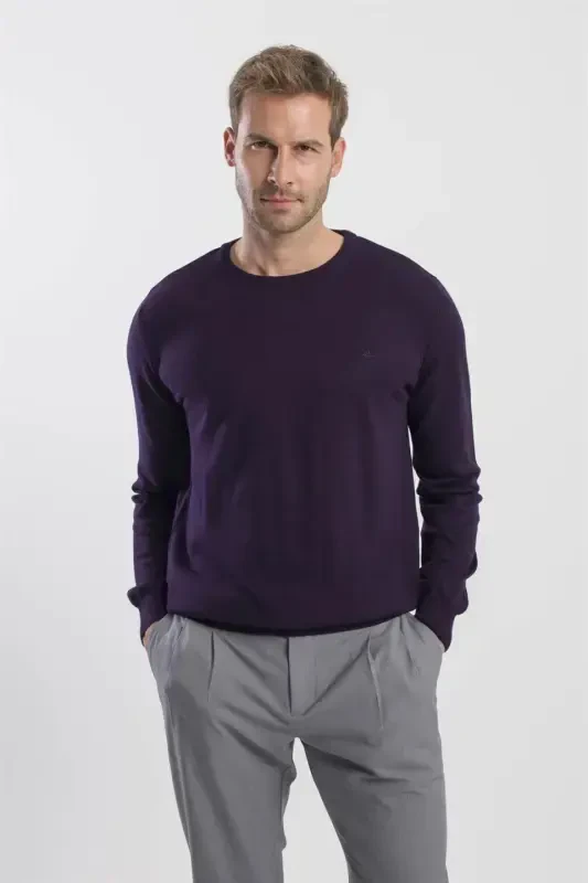 Mor Slim Fit Bisiklet Yaka Triko Kazak - 2