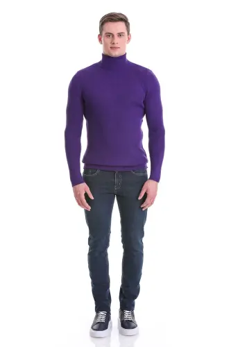 Mor Slim Fit Fitilli Balıkçı Yaka Yünlü Triko Kazak - Mor - HATEMOĞLU (1)