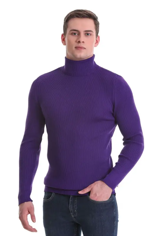 Mor Slim Fit Fitilli Balıkçı Yaka Yünlü Triko Kazak - Mor - HATEMOĞLU