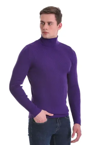 Mor Slim Fit Fitilli Balıkçı Yaka Yünlü Triko Kazak - Mor - 4