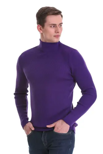 Mor Slim Fit Fitilli Balıkçı Yaka Yünlü Triko Kazak - Mor - 5