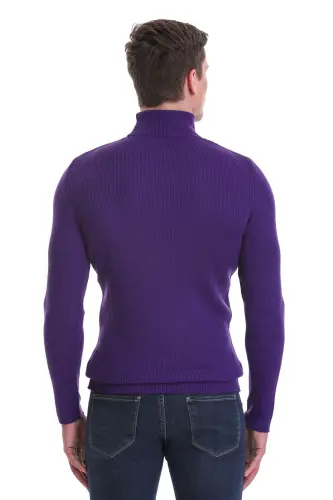 Mor Slim Fit Fitilli Balıkçı Yaka Yünlü Triko Kazak - Mor - 7
