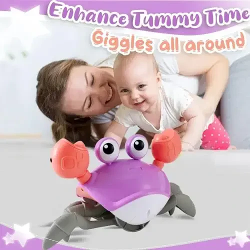 Purple Crawling Crab Baby Toy - Violet Tummy Time Crab Infant Walking Crab Dancing Moving Crawl Crab with Music & Light Cute Interactive Running Escape Catch Me Crab for Crawler Side Walk Toddler Crab - 6