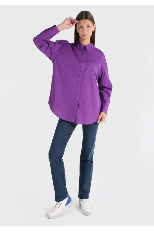 Relaxed Fit Shirt Neck Düz Kadın Mor Uzun Kol Gömlek - MOR - 3