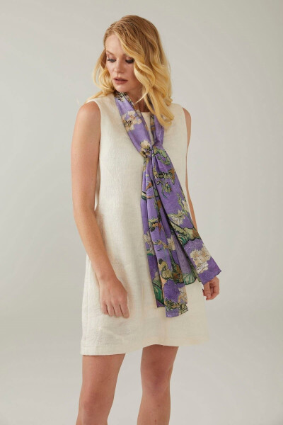 Mor 50x170 Badem Ağacı % 100 Saten Ipek Fular Eşarp-Mor - 3