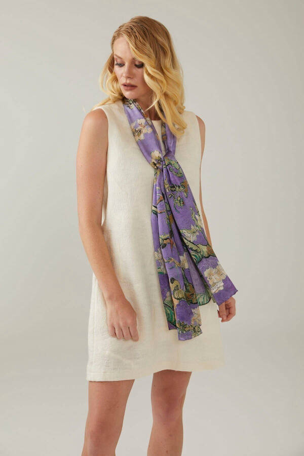 Mor 50x170 Badem Ağacı % 100 Saten Ipek Fular Eşarp-Mor - 3