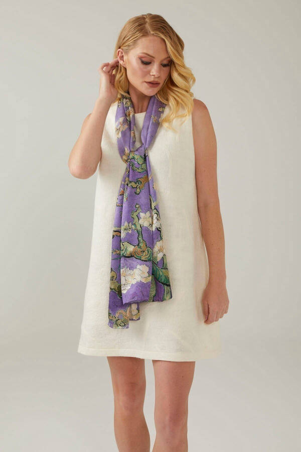 Mor 50x170 Badem Ağacı % 100 Saten Ipek Fular Eşarp-Mor - 4