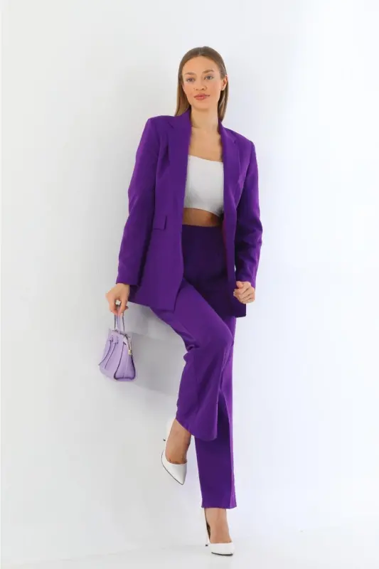 Mor Yagona Tugmali Blazer Kurtka cho'ntakli Palazzo Shimlar Kostyumi - Binafsha - 4