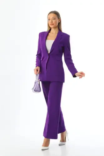 Mor Yagona Tugmali Blazer Kurtka cho'ntakli Palazzo Shimlar Kostyumi - Binafsha - Modazone (1)