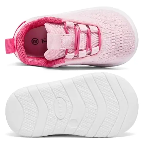 MORENDL Toddler Slip On Sneakers Baby Walking Shoes Non-Slip Breathable Unisex Pink Mesh Lace-Up Athletic Sneakers Infant Running Shoes - 4