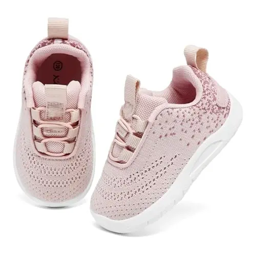 MORENDL Toddler Slip On Sneakers Baby Walking Shoes Non-Slip Breathable Unisex Pink Mesh Lace-Up Athletic Sneakers Infant Running Shoes - 2