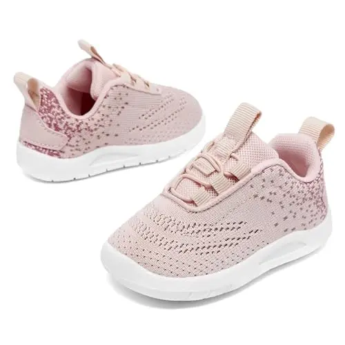 MORENDL Toddler Slip On Sneakers Baby Walking Shoes Non-Slip Breathable Unisex Pink Mesh Lace-Up Athletic Sneakers Infant Running Shoes - 3