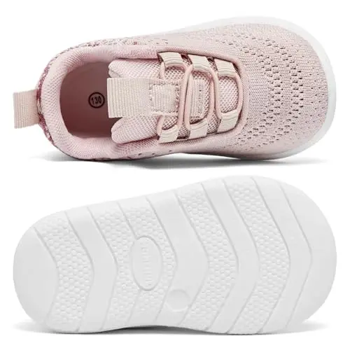 MORENDL Toddler Slip On Sneakers Baby Walking Shoes Non-Slip Breathable Unisex Pink Mesh Lace-Up Athletic Sneakers Infant Running Shoes - 4