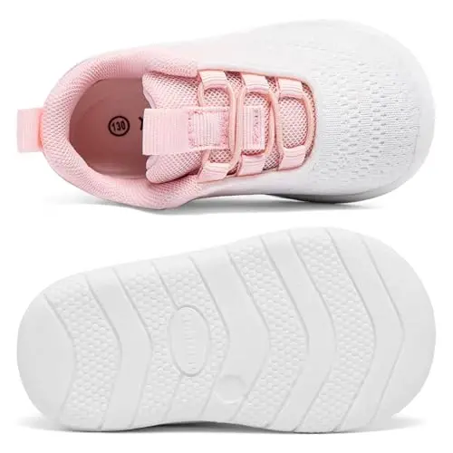 MORENDL Toddler Slip On Sneakers Baby Walking Shoes Non-Slip Breathable Unisex Pink Mesh Lace-Up Athletic Sneakers Infant Running Shoes - 3