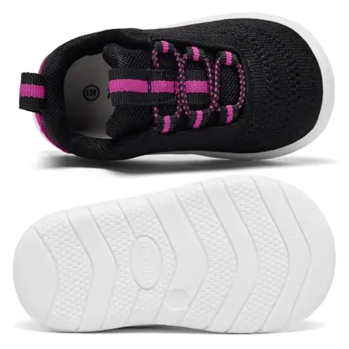 MORENDL Toddler Slip On Sneakers Baby Walking Shoes Non-Slip Breathable Unisex Pink Mesh Lace-Up Athletic Sneakers Infant Running Shoes - 4