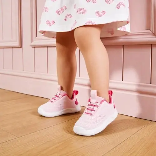 MORENDL Toddler Slip On Sneakers Baby Walking Shoes Non-Slip Breathable Unisex Pink Mesh Lace-Up Athletic Sneakers Infant Running Shoes 