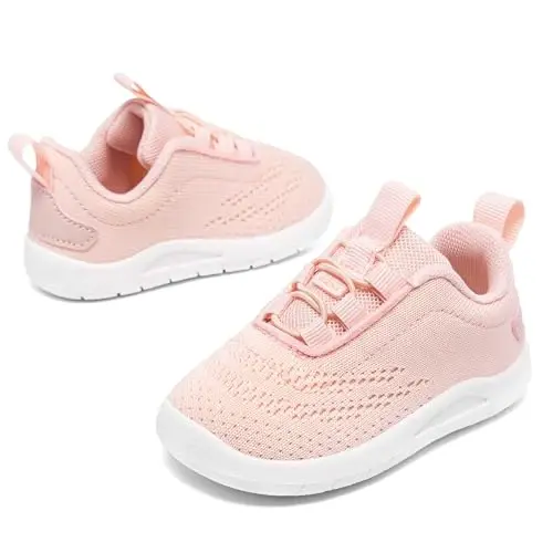 MORENDL Toddler Slip On Sneakers Baby Walking Shoes Non-Slip Breathable Unisex Pink Mesh Lace-Up Athletic Sneakers Infant Running Shoes - 3