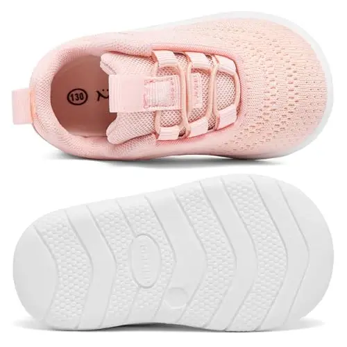 MORENDL yuradigan bolalar uchun slip-on krossovkalar, chaqaloq yurish poyabzallari, sirpanmaydigan, nafas oladigan, unisex pushti to'rli, bog'ichli atletik krossovkalar, go'daklar uchun yugurish poyabzallari - 4