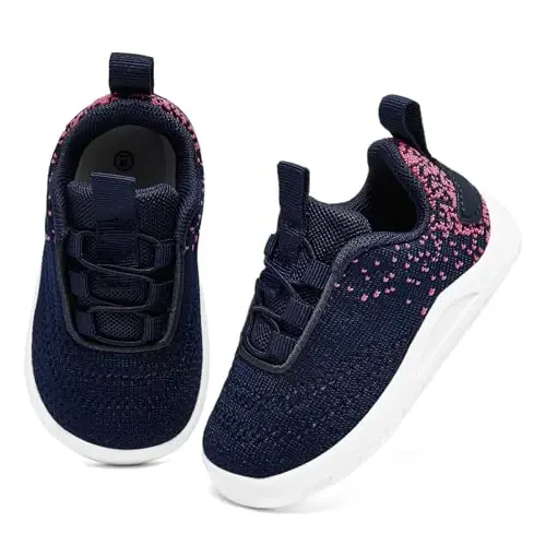 MORENDL Yuradigan yoshdagi slip-on krossovkalar, chaqaloq yurish poyafzallari, sirpanmaydigan, nafas oladigan, unisex pushti to'rli atletik krossovkalar, chaqaloqlar uchun yugurish poyafzallari - 2