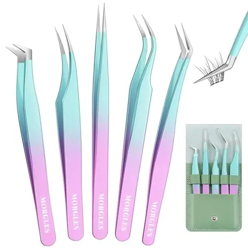 MORGLES 5 PCS Lash Tweezers Set for Eyelash Clusters, High Precision Eyelash Tweezers for Lash Extensions for Professional Artists, Beginners 