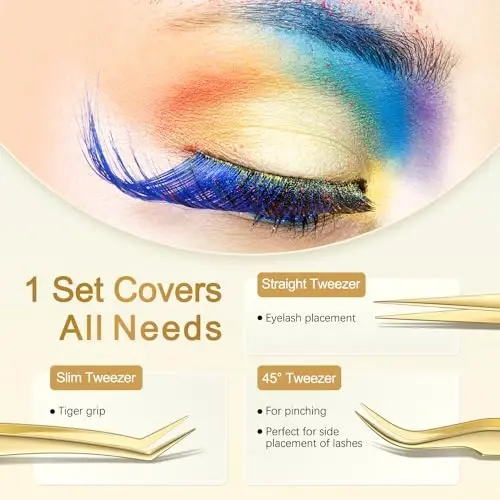 MORGLES Golden Lash Tweezers Set, 5 PCS Professional Eyelash Tweezers for Eyelash Extensions for Beginners & Lash Artists - 4